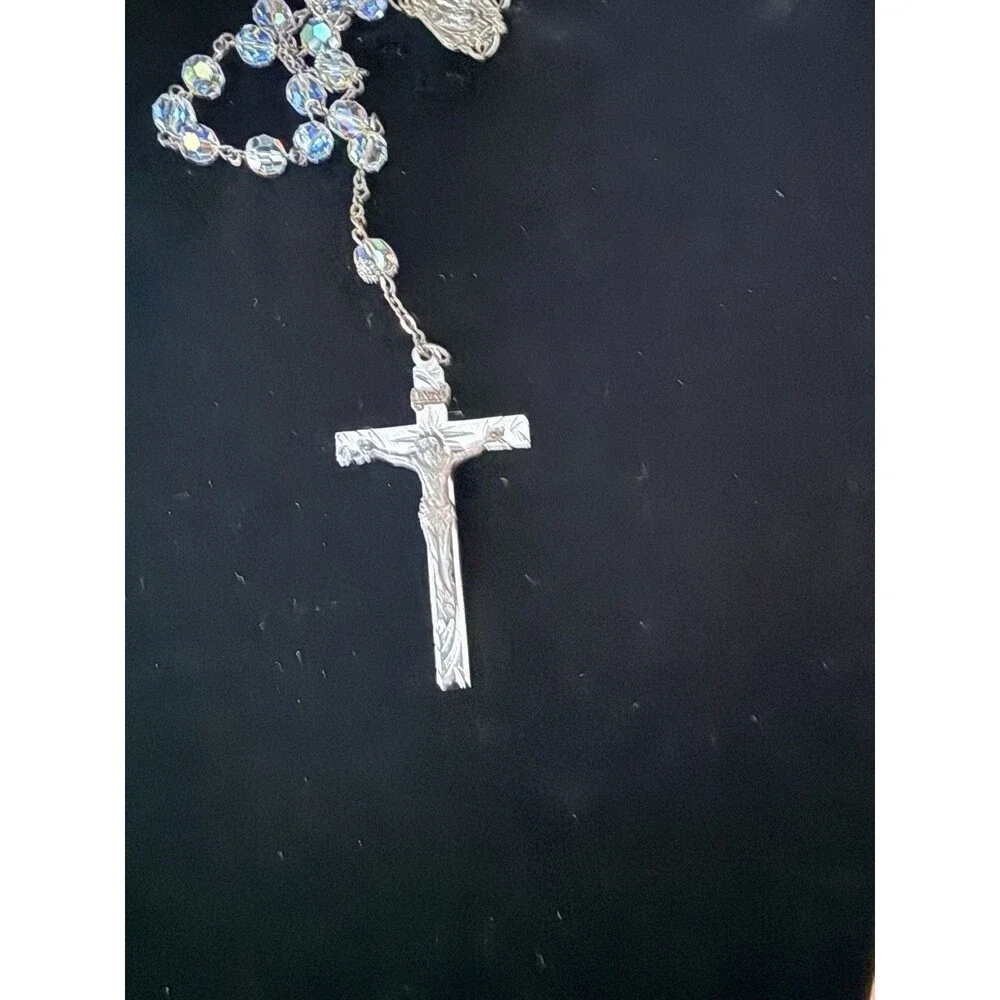 Vintage Sterling Silver AB Crystal Catholic Rosary Italy Crucifix Marian Medal